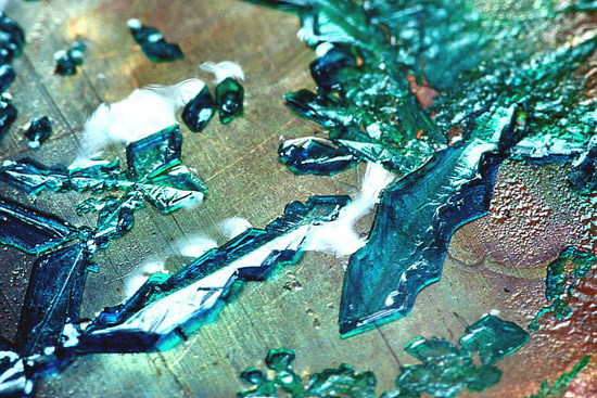 Кристаллы уксуснокислой меди под микроскопом